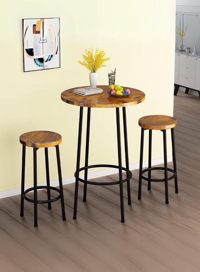 Mobellya EG  Rustic Industrial Bar Table Set with 2 Stools – Round Wooden Top and Metal Frame for Home Kitchen or Dining Room - Image 1